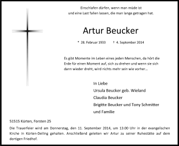 Anzeige von Artur Beucker von Kölner Stadt-Anzeiger / Kölnische Rundschau / Express