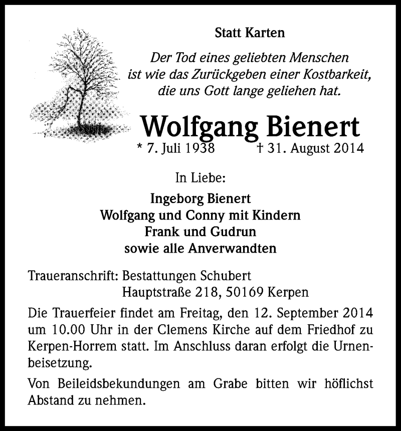 Traueranzeige für Wolfgang Bienert vom 09.09.2014 aus Kölner Stadt-Anzeiger / Kölnische Rundschau / Express
