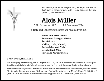 Anzeige von Alois Müller von Kölner Stadt-Anzeiger / Kölnische Rundschau / Express