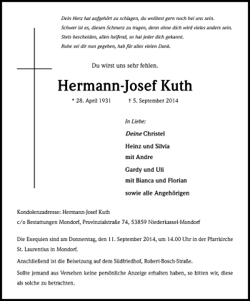Anzeige von Hermann-Josef Kuth von Kölner Stadt-Anzeiger / Kölnische Rundschau / Express