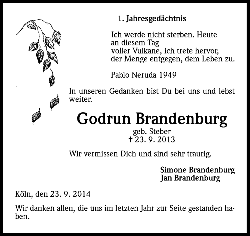  Traueranzeige für Godrun Brandenburg vom 24.09.2014 aus Kölner Stadt-Anzeiger / Kölnische Rundschau / Express