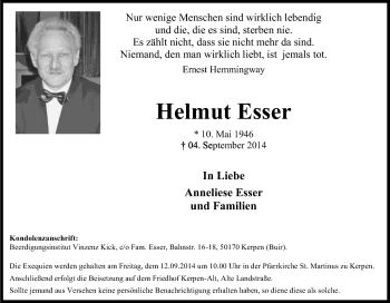 Anzeige von Helmut Esser von Kölner Stadt-Anzeiger / Kölnische Rundschau / Express