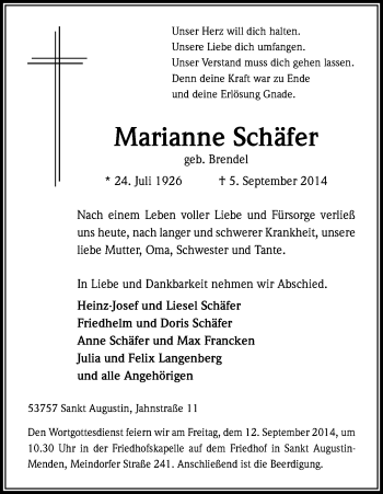 Anzeige von Marianne Schäfer von Kölner Stadt-Anzeiger / Kölnische Rundschau / Express