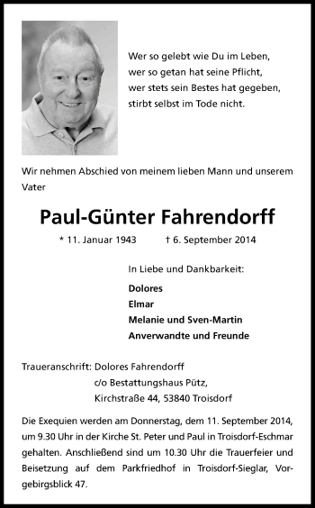 Anzeige von Paul-Günter Fahrendorff von Kölner Stadt-Anzeiger / Kölnische Rundschau / Express