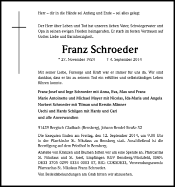 Anzeige von Franz Schröder von Kölner Stadt-Anzeiger / Kölnische Rundschau / Express