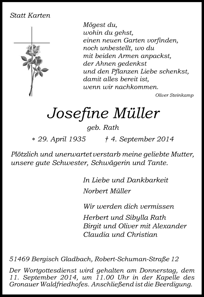  Traueranzeige für Josefine Müller vom 09.09.2014 aus Kölner Stadt-Anzeiger / Kölnische Rundschau / Express