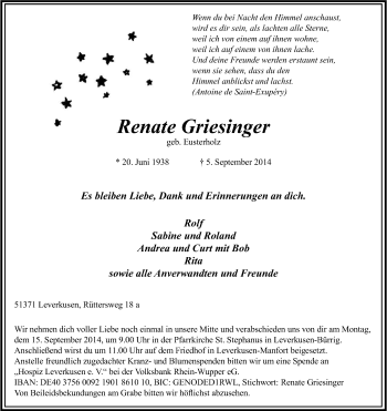 Anzeige von Renate Griesinger von Kölner Stadt-Anzeiger / Kölnische Rundschau / Express
