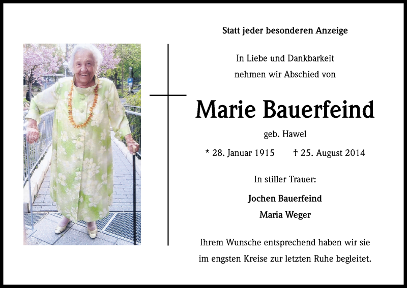  Traueranzeige für Marie Bauerfeind vom 10.09.2014 aus Kölner Stadt-Anzeiger / Kölnische Rundschau / Express