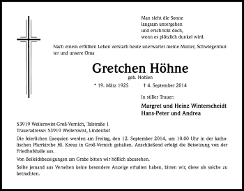 Anzeige von Gretchen Höhne von Kölner Stadt-Anzeiger / Kölnische Rundschau / Express