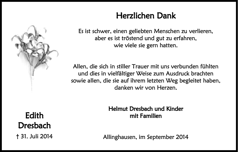  Traueranzeige für Edith Dresbach vom 13.09.2014 aus Kölner Stadt-Anzeiger / Kölnische Rundschau / Express