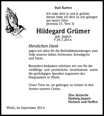 Anzeige von Hildegard Grümer von Kölner Stadt-Anzeiger / Kölnische Rundschau / Express