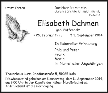 Anzeige von Elisbeth Dahmen von Kölner Stadt-Anzeiger / Kölnische Rundschau / Express