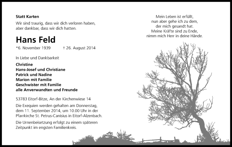  Traueranzeige für Hans Feld vom 09.09.2014 aus Kölner Stadt-Anzeiger / Kölnische Rundschau / Express