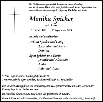 Anzeige von Monika Spicher von Kölner Stadt-Anzeiger / Kölnische Rundschau / Express