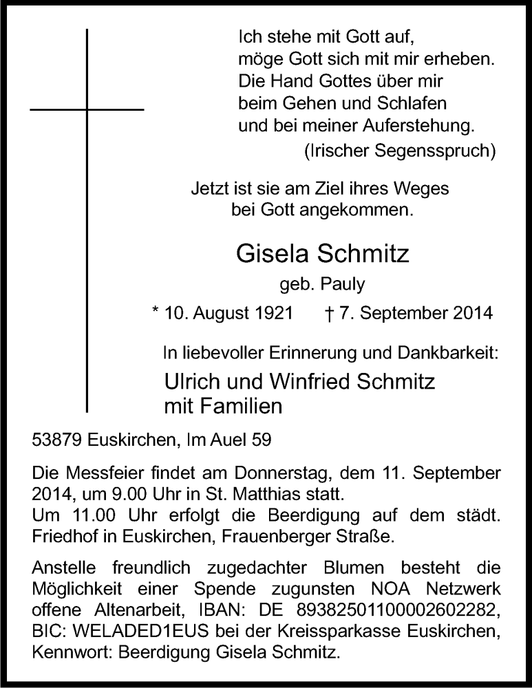  Traueranzeige für Gisela Schmitz vom 09.09.2014 aus Kölner Stadt-Anzeiger / Kölnische Rundschau / Express