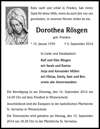 Anzeige von Dorothea Rösgen von Kölner Stadt-Anzeiger / Kölnische Rundschau / Express
