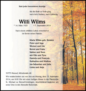 Anzeige von Willi Wilms von Kölner Stadt-Anzeiger / Kölnische Rundschau / Express