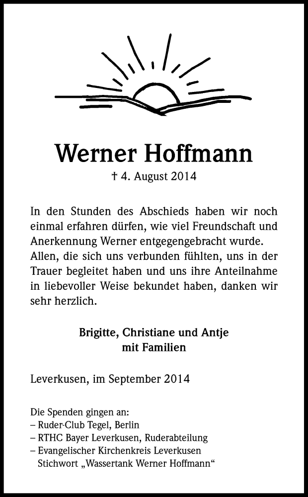 Traueranzeige für Werner Hoffmann vom 10.09.2014 aus Kölner Stadt-Anzeiger / Kölnische Rundschau / Express
