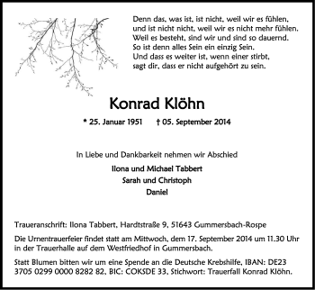 Anzeige von Konrad Klöhn von Kölner Stadt-Anzeiger / Kölnische Rundschau / Express