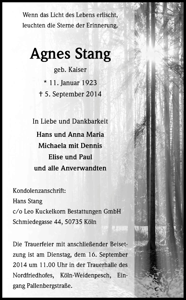  Traueranzeige für Agnes Stang vom 10.09.2014 aus Kölner Stadt-Anzeiger / Kölnische Rundschau / Express