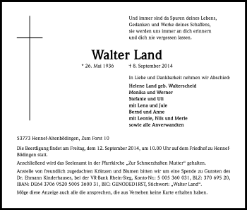 Anzeige von Walter Land von Kölner Stadt-Anzeiger / Kölnische Rundschau / Express