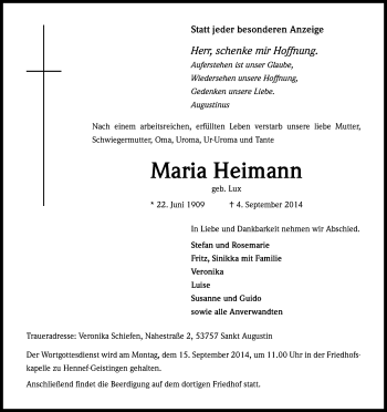 Anzeige von Maria Heimann von Kölner Stadt-Anzeiger / Kölnische Rundschau / Express