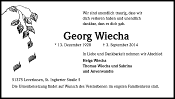 Anzeige von Georg Wiecha von Kölner Stadt-Anzeiger / Kölnische Rundschau / Express