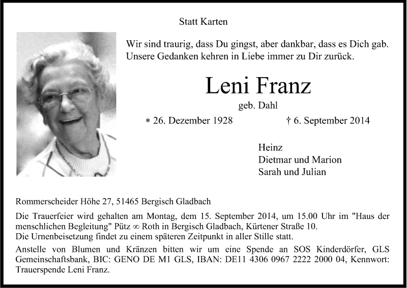  Traueranzeige für Leni Franz vom 10.09.2014 aus Kölner Stadt-Anzeiger / Kölnische Rundschau / Express