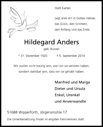 Anzeige von Hildegard Anders von Kölner Stadt-Anzeiger / Kölnische Rundschau / Express