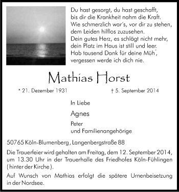 Anzeige von Mathias Horst von Kölner Stadt-Anzeiger / Kölnische Rundschau / Express