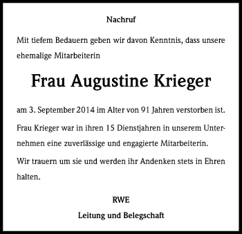 Anzeige von Augustine Krieger von Kölner Stadt-Anzeiger / Kölnische Rundschau / Express