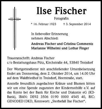 Anzeige von Ilse Fischer von Kölner Stadt-Anzeiger / Kölnische Rundschau / Express