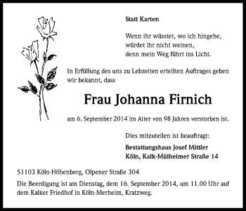 Anzeige von Johanna Firnich von Kölner Stadt-Anzeiger / Kölnische Rundschau / Express