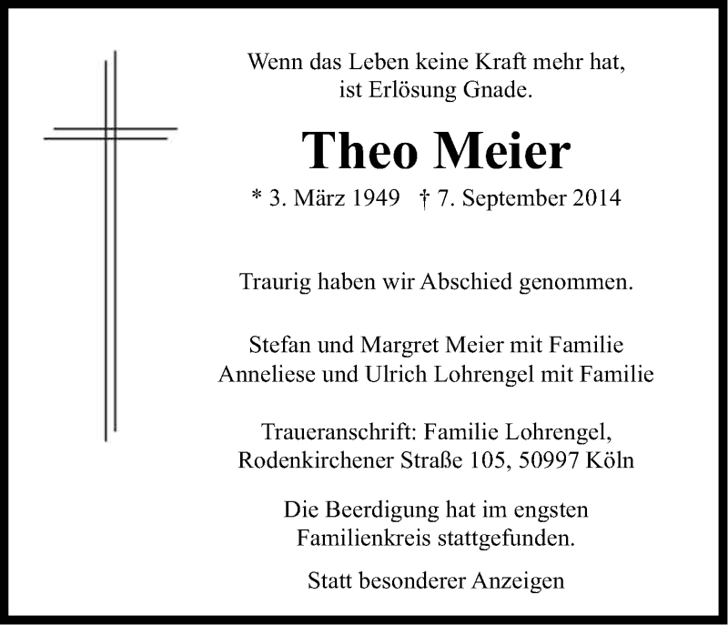  Traueranzeige für Theo Meier vom 13.09.2014 aus Kölner Stadt-Anzeiger / Kölnische Rundschau / Express