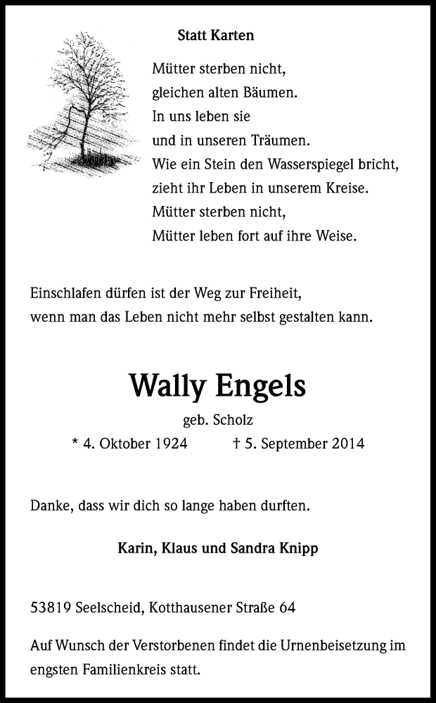  Traueranzeige für Wally Engels vom 13.09.2014 aus Kölner Stadt-Anzeiger / Kölnische Rundschau / Express