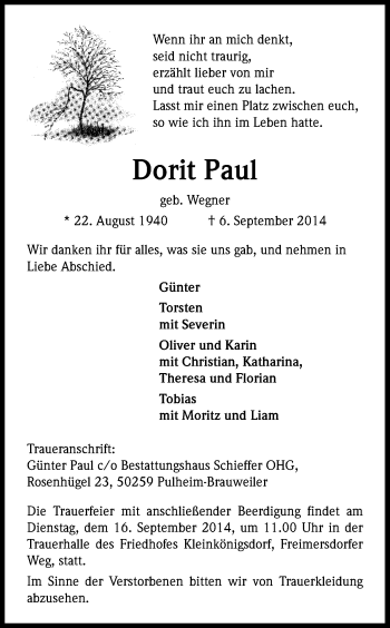 Anzeige von Dorit Paul von Kölner Stadt-Anzeiger / Kölnische Rundschau / Express