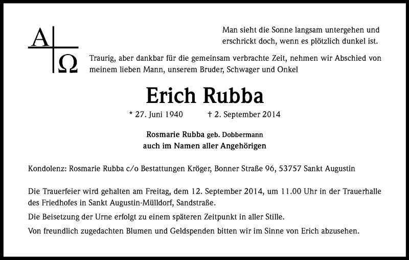  Traueranzeige für Erich Rubba vom 10.09.2014 aus Kölner Stadt-Anzeiger / Kölnische Rundschau / Express
