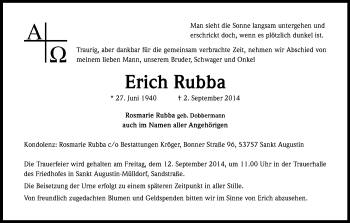 Anzeige von Erich Rubba von Kölner Stadt-Anzeiger / Kölnische Rundschau / Express