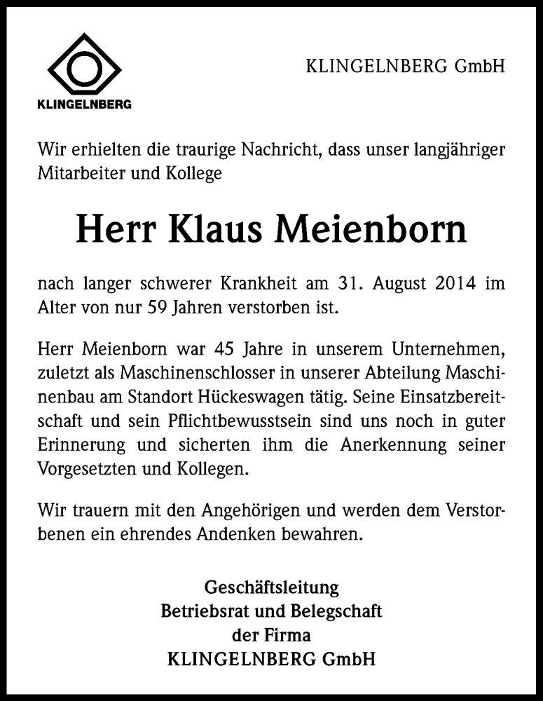  Traueranzeige für Klaus Meienborn vom 10.09.2014 aus Kölner Stadt-Anzeiger / Kölnische Rundschau / Express