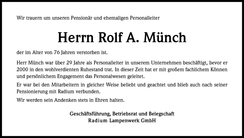  Traueranzeige für Rolf A. Münch vom 10.09.2014 aus Kölner Stadt-Anzeiger / Kölnische Rundschau / Express