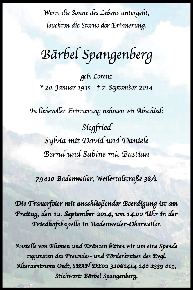  Traueranzeige für Bärbel Spangenberg vom 10.09.2014 aus Kölner Stadt-Anzeiger / Kölnische Rundschau / Express