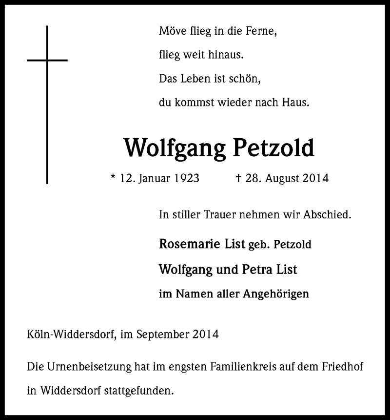  Traueranzeige für Wolfgang Petzold vom 13.09.2014 aus Kölner Stadt-Anzeiger / Kölnische Rundschau / Express