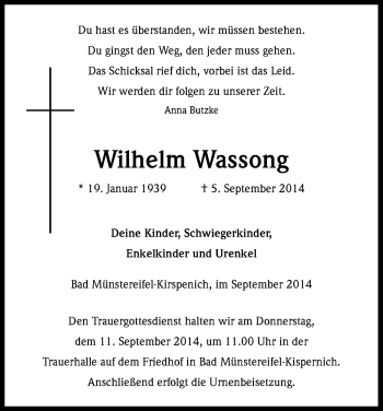 Anzeige von Wilhelm Wassong von Kölner Stadt-Anzeiger / Kölnische Rundschau / Express