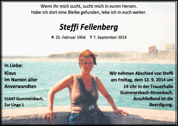 Anzeige von Steffi Fellenberg von Kölner Stadt-Anzeiger / Kölnische Rundschau / Express