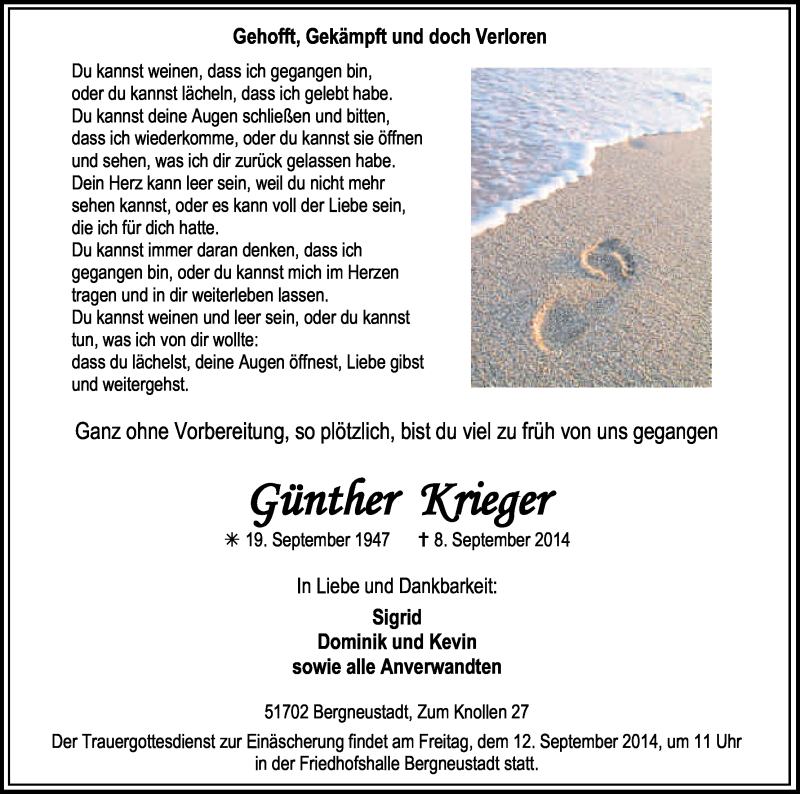  Traueranzeige für Günther Krieger vom 10.09.2014 aus Kölner Stadt-Anzeiger / Kölnische Rundschau / Express