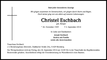 Anzeige von Christel Eschbach von Kölner Stadt-Anzeiger / Kölnische Rundschau / Express