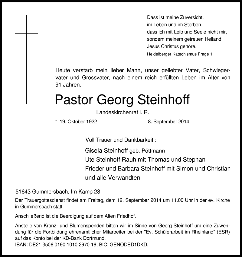  Traueranzeige für Georg Steinhoff vom 10.09.2014 aus Kölner Stadt-Anzeiger / Kölnische Rundschau / Express
