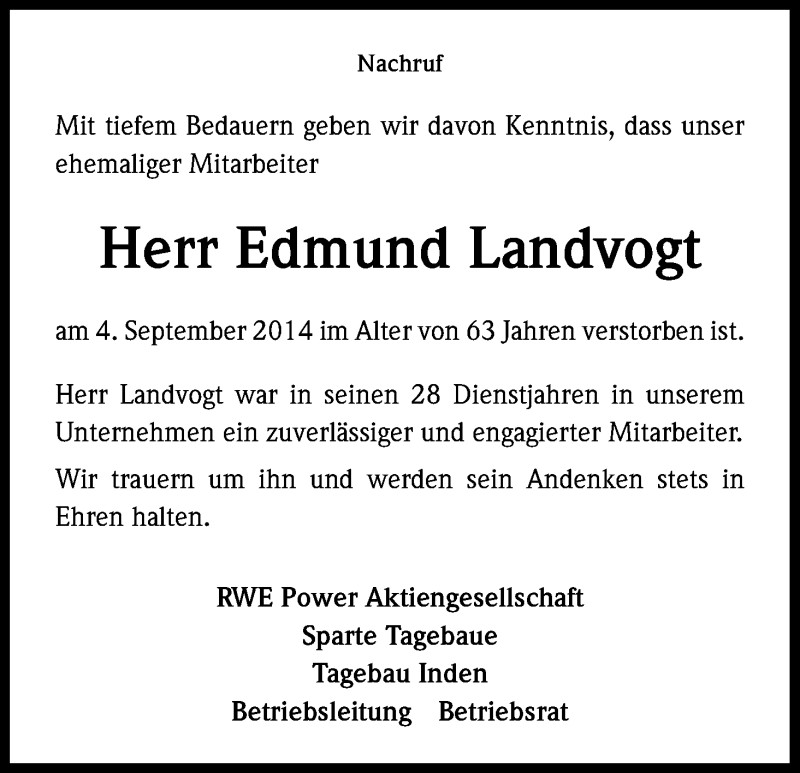  Traueranzeige für Edmund Landvogt vom 16.09.2014 aus Kölner Stadt-Anzeiger / Kölnische Rundschau / Express