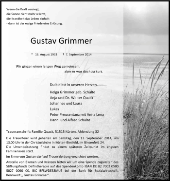 Anzeige von Gustav Grimmer von Kölner Stadt-Anzeiger / Kölnische Rundschau / Express