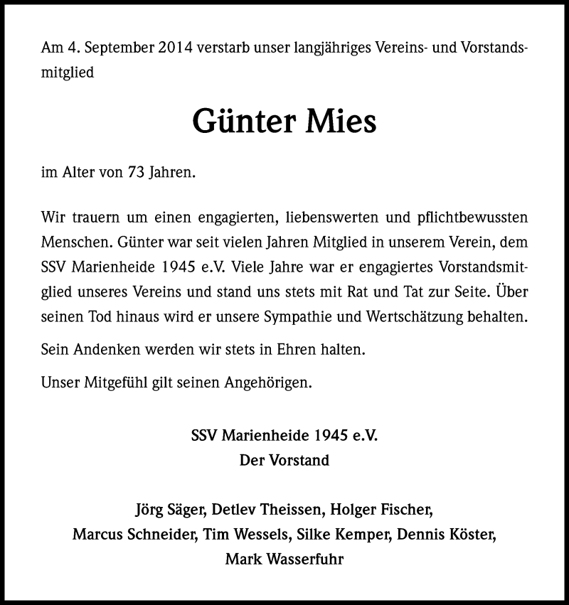  Traueranzeige für Günter Mies vom 11.09.2014 aus Kölner Stadt-Anzeiger / Kölnische Rundschau / Express